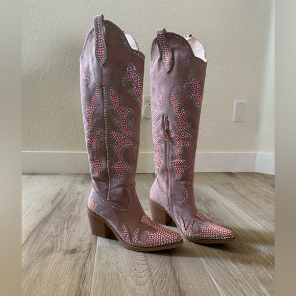 Sparks Country Western Cowgirl Knee Boots Dazzleing Iridescent Rhinestones Pink - Picture 5 of 13
